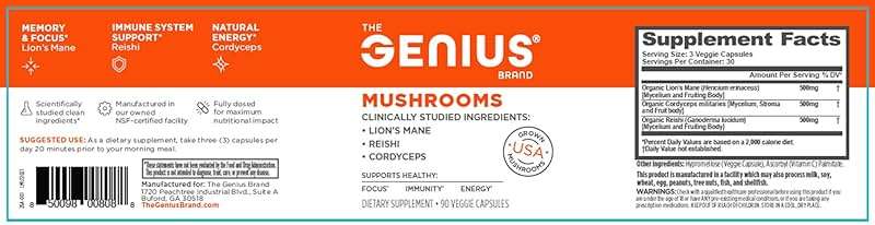 The Genius Brand Genius Mushrooms - Plant-Based Supplement for Immune, Focus & Energy Support - Lion's Mane, Cordyceps & Reishi - Organic & Non-GMO - 90 Veggie Capsules - Image 6
