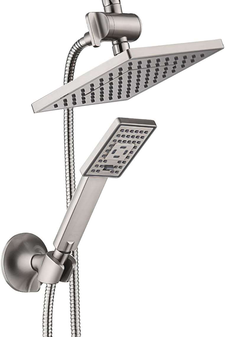BRIGHT SHOWERS Rain Shower Head with Handheld Spray, 8 Inch Rainfall Shower Head Combo with 60" Hose, Adjustable Dual Square Showerhead Set with 3-Way Diverter, Wall Bracket, Brushed Nickel - Image 1