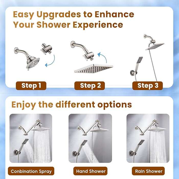 BRIGHT SHOWERS Rain Shower Head with Handheld Spray, 8 Inch Rainfall Shower Head Combo with 60" Hose, Adjustable Dual Square Showerhead Set with 3-Way Diverter, Wall Bracket, Brushed Nickel - Image 2