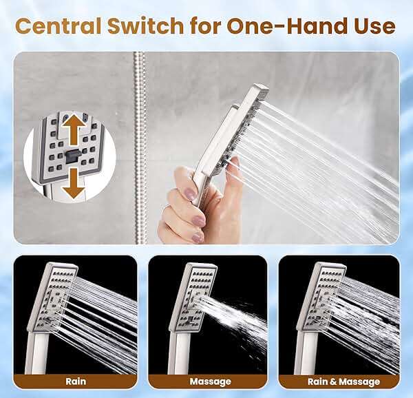 BRIGHT SHOWERS Rain Shower Head with Handheld Spray, 8 Inch Rainfall Shower Head Combo with 60" Hose, Adjustable Dual Square Showerhead Set with 3-Way Diverter, Wall Bracket, Brushed Nickel - Image 3