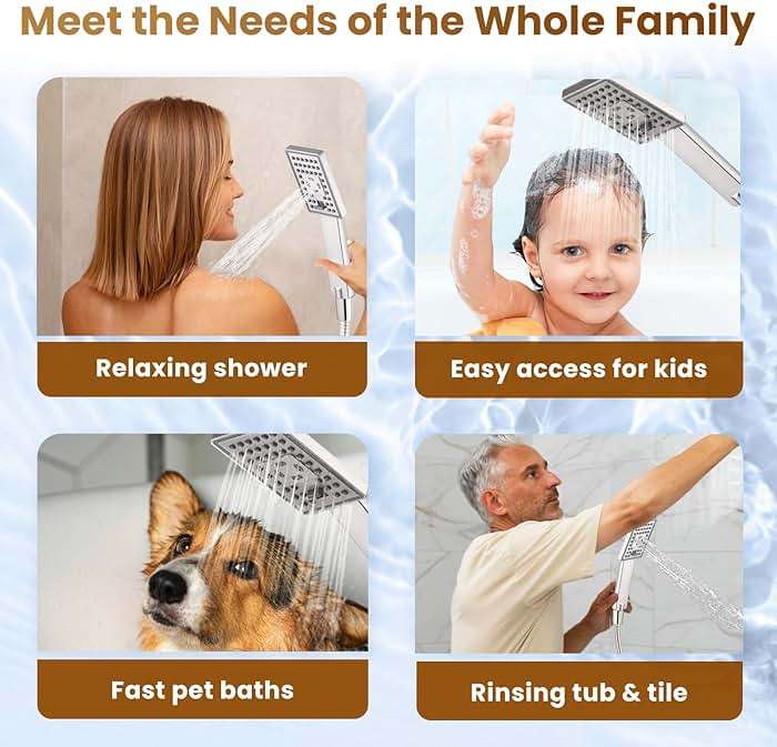 BRIGHT SHOWERS Rain Shower Head with Handheld Spray, 8 Inch Rainfall Shower Head Combo with 60" Hose, Adjustable Dual Square Showerhead Set with 3-Way Diverter, Wall Bracket, Brushed Nickel - Image 5