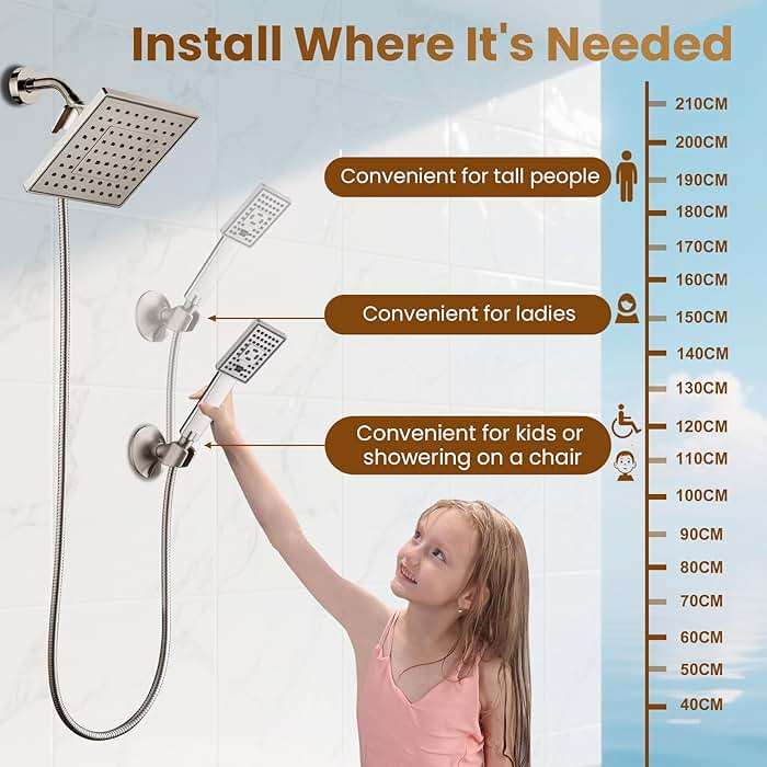 BRIGHT SHOWERS Rain Shower Head with Handheld Spray, 8 Inch Rainfall Shower Head Combo with 60" Hose, Adjustable Dual Square Showerhead Set with 3-Way Diverter, Wall Bracket, Brushed Nickel - Image 6