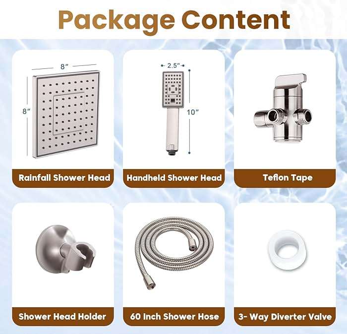 BRIGHT SHOWERS Rain Shower Head with Handheld Spray, 8 Inch Rainfall Shower Head Combo with 60" Hose, Adjustable Dual Square Showerhead Set with 3-Way Diverter, Wall Bracket, Brushed Nickel - Image 7