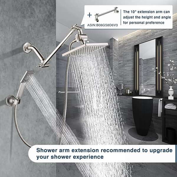 BRIGHT SHOWERS Rain Shower Head with Handheld Spray, 8 Inch Rainfall Shower Head Combo with 60" Hose, Adjustable Dual Square Showerhead Set with 3-Way Diverter, Wall Bracket, Brushed Nickel - Image 8