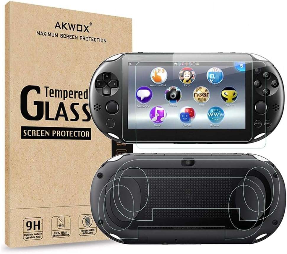 AKWOX 2 Front+2 Back Covers Screen Protectors Compatible with Sony PlayStation Vita 2000, 9H Tempered Glass Front and HD Clear PET Back Film - Image 1