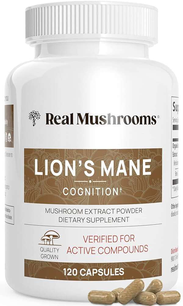 Real Mushrooms Lions Mane Mushroom Cognition (120 Capsules) Lions Mane Mushroom Powder Extract Capsules | Brain Supplement, Brain Vitamins, Focus Supplement - Image 1