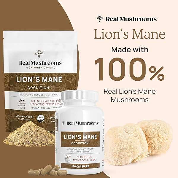 Real Mushrooms Lions Mane Mushroom Cognition (120 Capsules) Lions Mane Mushroom Powder Extract Capsules | Brain Supplement, Brain Vitamins, Focus Supplement - Image 6