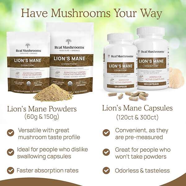 Real Mushrooms Lions Mane Mushroom Cognition (120 Capsules) Lions Mane Mushroom Powder Extract Capsules | Brain Supplement, Brain Vitamins, Focus Supplement - Image 7