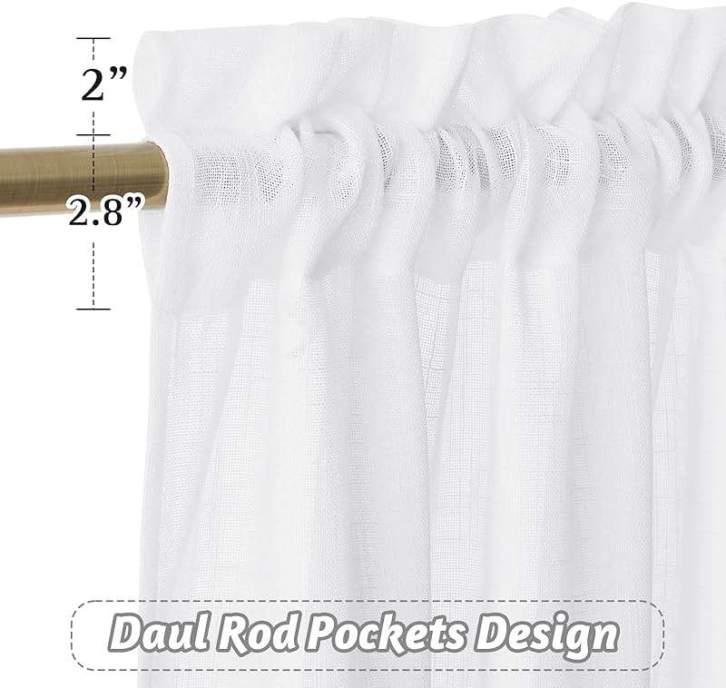 RYB HOME White Semi Sheer Curtains 84 inches Long - Living Room Curtains for Half Privacy, Linen Textured Sheer Light Filtering Vertical Window Drapes for Bedroom Dining, Width 52 inch, 2 Panels - Image 2