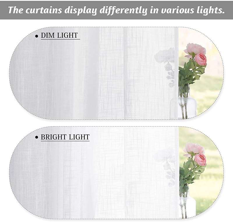 RYB HOME White Semi Sheer Curtains 84 inches Long - Living Room Curtains for Half Privacy, Linen Textured Sheer Light Filtering Vertical Window Drapes for Bedroom Dining, Width 52 inch, 2 Panels - Image 3