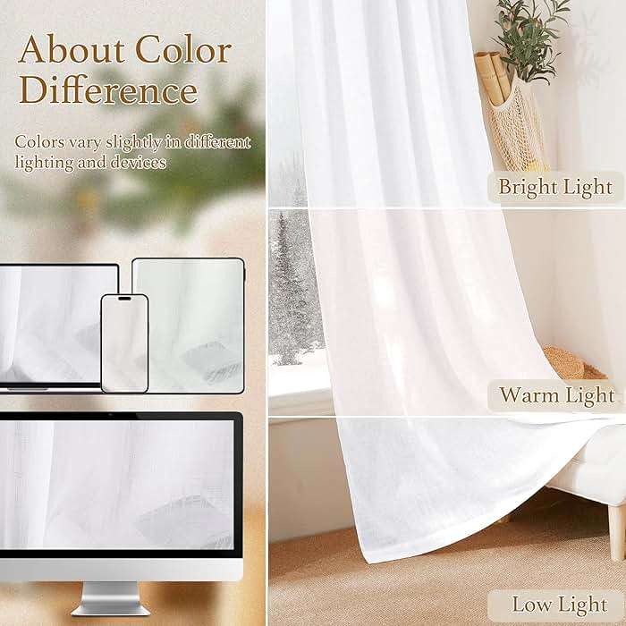 RYB HOME White Semi Sheer Curtains 84 inches Long - Living Room Curtains for Half Privacy, Linen Textured Sheer Light Filtering Vertical Window Drapes for Bedroom Dining, Width 52 inch, 2 Panels - Image 6