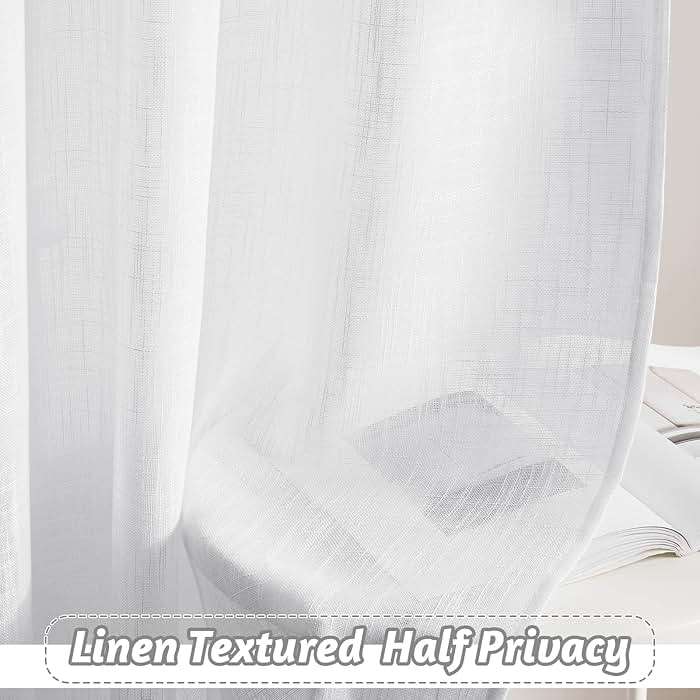 RYB HOME White Semi Sheer Curtains 84 inches Long - Living Room Curtains for Half Privacy, Linen Textured Sheer Light Filtering Vertical Window Drapes for Bedroom Dining, Width 52 inch, 2 Panels - Image 7