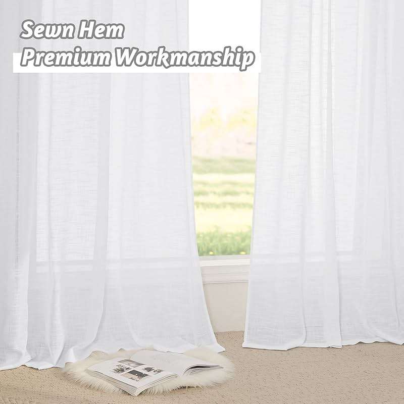 RYB HOME White Semi Sheer Curtains 84 inches Long - Living Room Curtains for Half Privacy, Linen Textured Sheer Light Filtering Vertical Window Drapes for Bedroom Dining, Width 52 inch, 2 Panels - Image 8