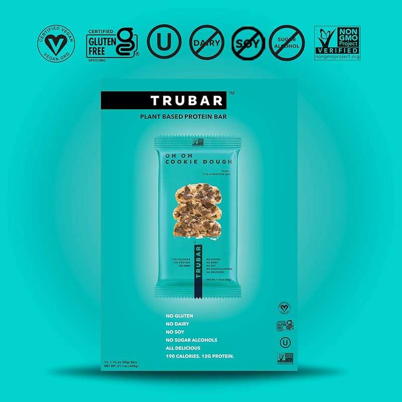 TRUBAR Vegan Protein Bar, Oh Oh Cookie Dough, Gluten Free, Plant Based Protein, Dairy Free, Non GMO, Soy Free, No Sugar Alcohols, 12G Protein, 13G Fiber, Healthy on the Go Snack Bars, 12 CT - Image 6