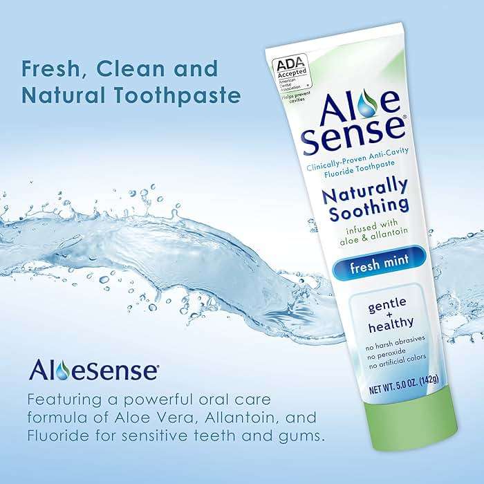 AloeSense Naturally Soothing Toothpaste for Sensitive Teeth and Gum Care with Aloe Vera, Allantoin & Fresh Mint Flavor, Gentle & Natural, ADA Approved (5-oz, 12 Count) - Image 2