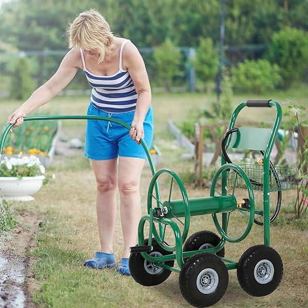 Hose Reel Hold Up To 300 Ft Heavy Duty Garden Hose Reel Sturdy Water Hose Reel Cart with 4 Wheels Storage Basket for Garden Lawn Yard Outdoor (Green) - Image 2