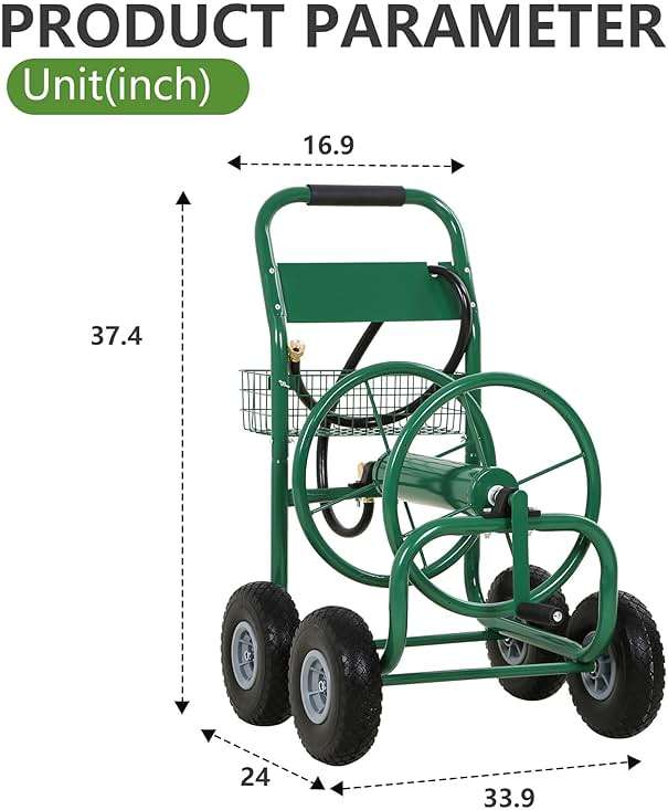Hose Reel Hold Up To 300 Ft Heavy Duty Garden Hose Reel Sturdy Water Hose Reel Cart with 4 Wheels Storage Basket for Garden Lawn Yard Outdoor (Green) - Image 3