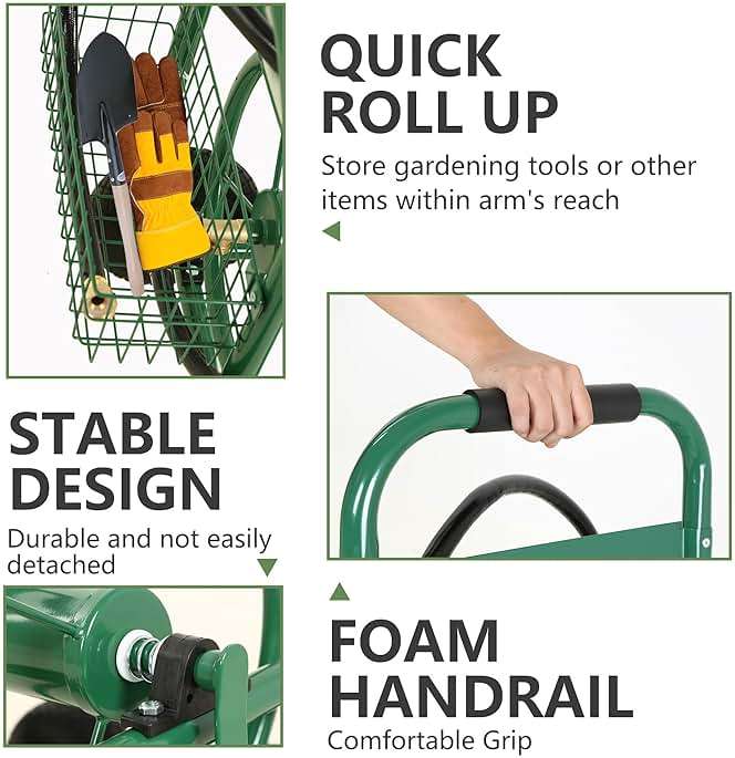 Hose Reel Hold Up To 300 Ft Heavy Duty Garden Hose Reel Sturdy Water Hose Reel Cart with 4 Wheels Storage Basket for Garden Lawn Yard Outdoor (Green) - Image 5