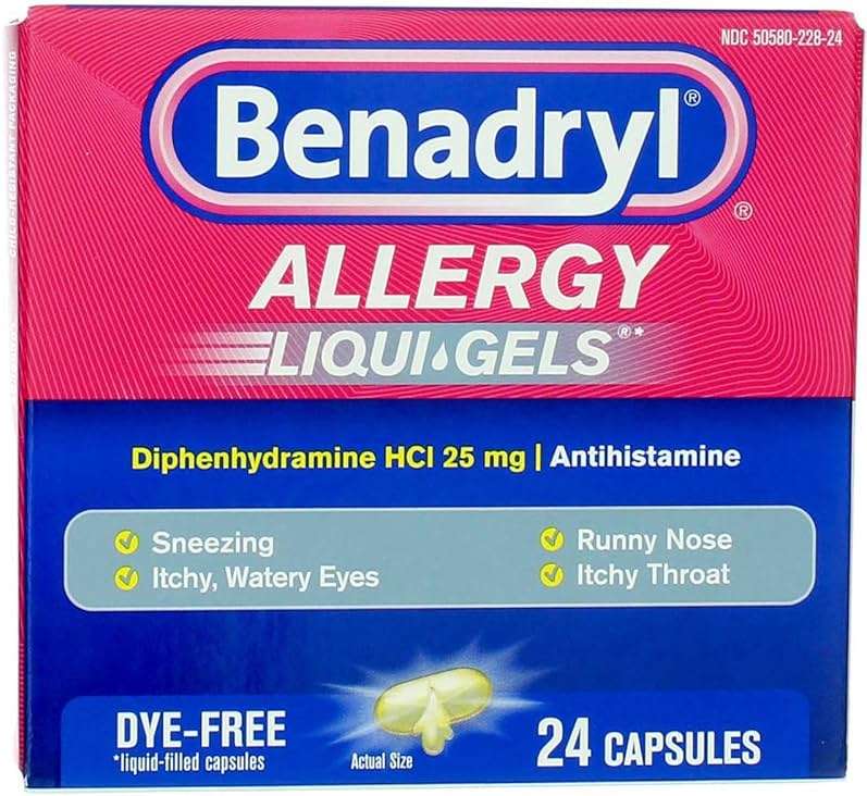 Benadryl Liqui-Gels Antihistamine Allergy Medicine & Cold Symptom Relief, Dye-Free Liquid Gelcaps with 25 mg of Diphenhydramine HCl for Symptoms Such As Runny Nose, Sneezing & More, 24 ct (Pack of 4) - Image 1
