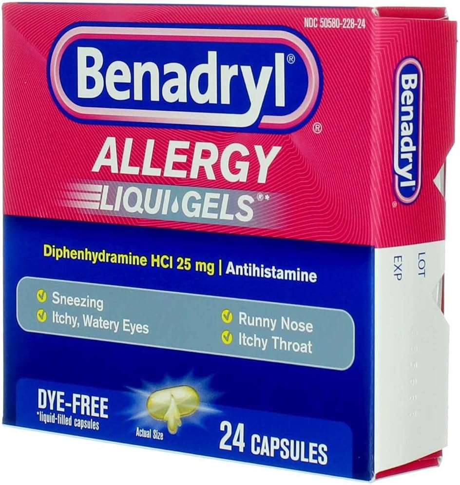 Benadryl Liqui-Gels Antihistamine Allergy Medicine & Cold Symptom Relief, Dye-Free Liquid Gelcaps with 25 mg of Diphenhydramine HCl for Symptoms Such As Runny Nose, Sneezing & More, 24 ct (Pack of 4) - Image 3
