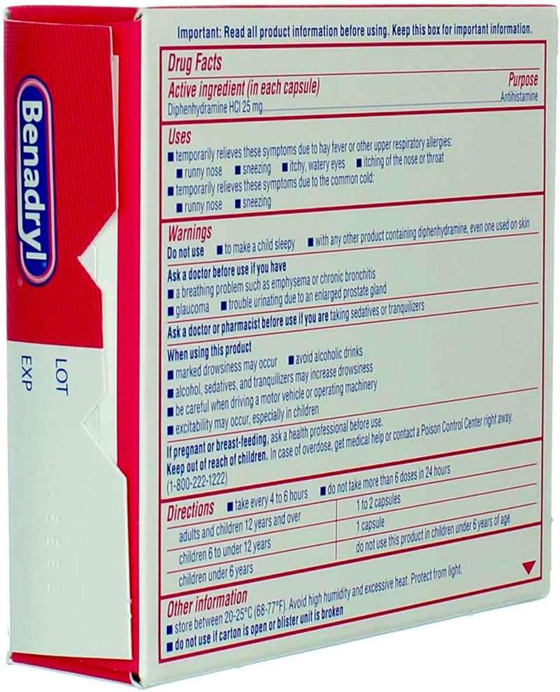 Benadryl Liqui-Gels Antihistamine Allergy Medicine & Cold Symptom Relief, Dye-Free Liquid Gelcaps with 25 mg of Diphenhydramine HCl for Symptoms Such As Runny Nose, Sneezing & More, 24 ct (Pack of 4) - Image 5