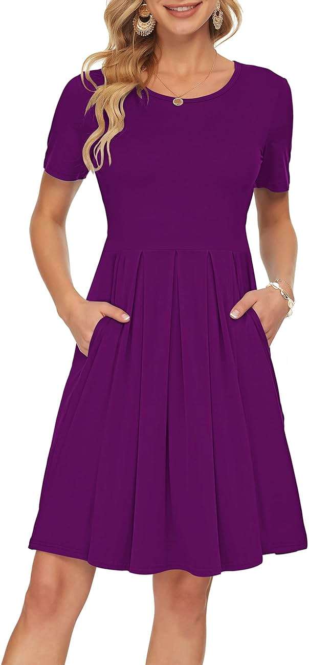 AUSELILY Women's Short Sleeve Summer Dress Pleated Loose Swing Knee Length Dresses with Pockets 2026 New - Image 1