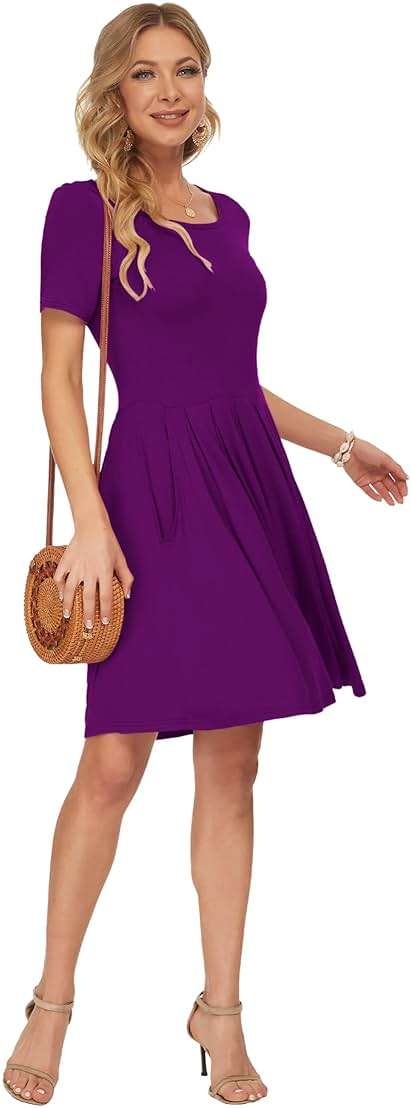 AUSELILY Women's Short Sleeve Summer Dress Pleated Loose Swing Knee Length Dresses with Pockets 2026 New - Image 3