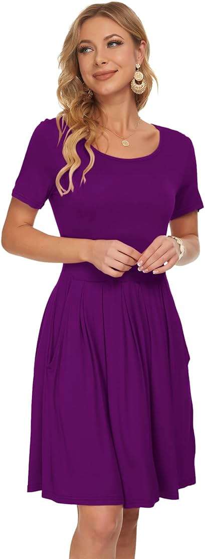AUSELILY Women's Short Sleeve Summer Dress Pleated Loose Swing Knee Length Dresses with Pockets 2026 New - Image 4