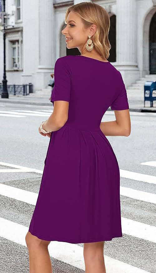 AUSELILY Women's Short Sleeve Summer Dress Pleated Loose Swing Knee Length Dresses with Pockets 2026 New - Image 5