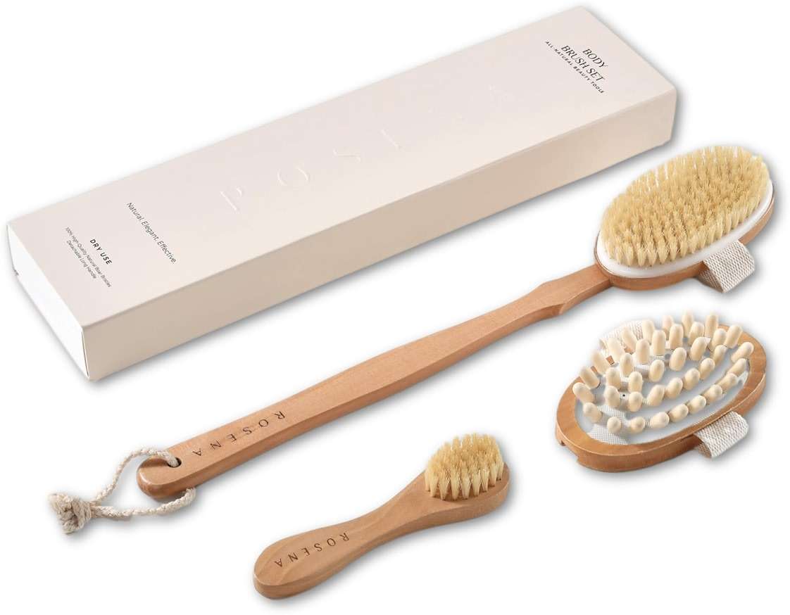 Dry Brushing Body Brush Set – Natural Bristle Spa Exfoliator Kit with Face Cleansing Brush, Long Dry Brushing Body Brush for Lymphatic Drainage & Massaging Cellulite Brush for Smooth, Radiant Skin - Image 1
