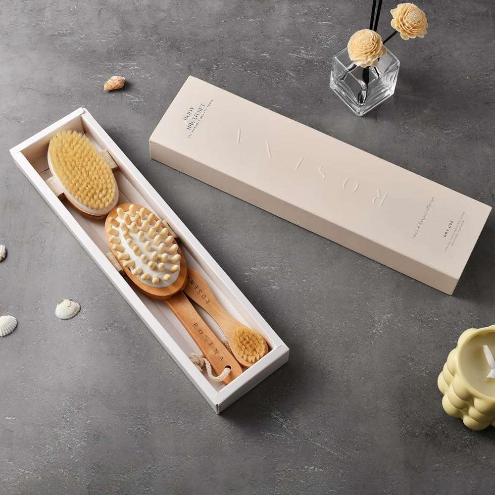 Dry Brushing Body Brush Set – Natural Bristle Spa Exfoliator Kit with Face Cleansing Brush, Long Dry Brushing Body Brush for Lymphatic Drainage & Massaging Cellulite Brush for Smooth, Radiant Skin - Image 2