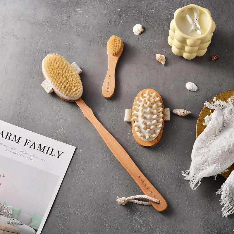 Dry Brushing Body Brush Set – Natural Bristle Spa Exfoliator Kit with Face Cleansing Brush, Long Dry Brushing Body Brush for Lymphatic Drainage & Massaging Cellulite Brush for Smooth, Radiant Skin - Image 7