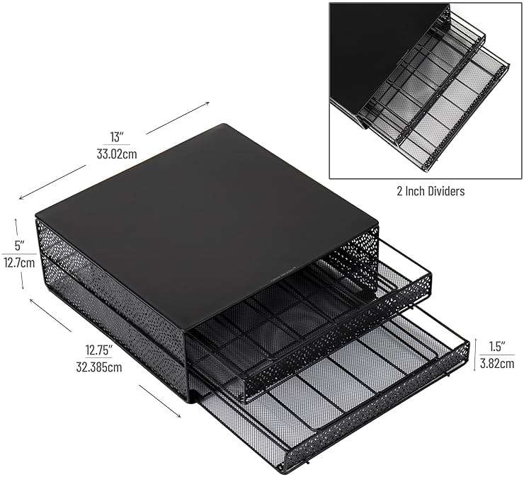Mind Reader 2 Drawer Coffee Pod Organizer with Removable Dividers, 72 Pod Capacity, Metal Mesh Coffee Station Base with Guided Drawer Track, Black - Image 3