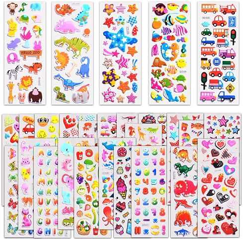 Stickers for Kids 1000+, 3D Puffy Stickers for Kids Toddlers 40 Different Sheets Variety Pack for Scrapbooking, Gifts, Rewards Including Animals, Stars, Fishes, Hearts, Dinosaurs, Cars and More - Image 1