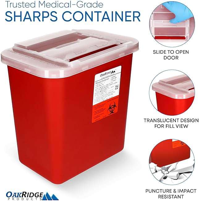 Oakridge Products Large Sharps Container for Home Use and Professional 2 Gallon (3-Pack) with Sliding Top, Biohazard Needle and Syringe Disposal, CDC Certified - Image 4