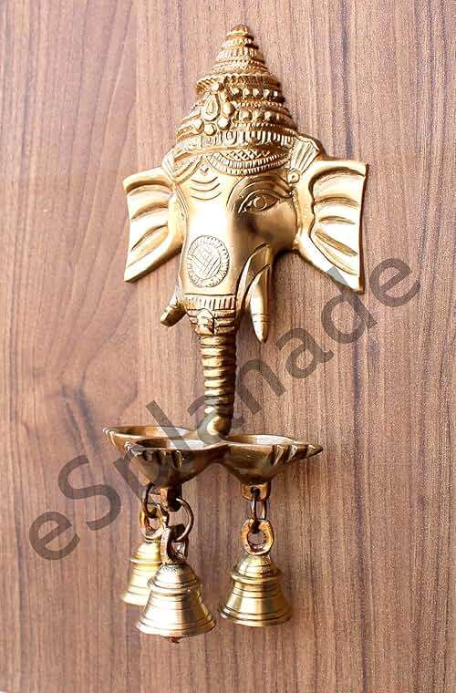 eSplanade - 9.5" Brass Ganesha Ganesh Ganpati Wall Hanging Deepak With Bells | Brass Diya | - Image 3