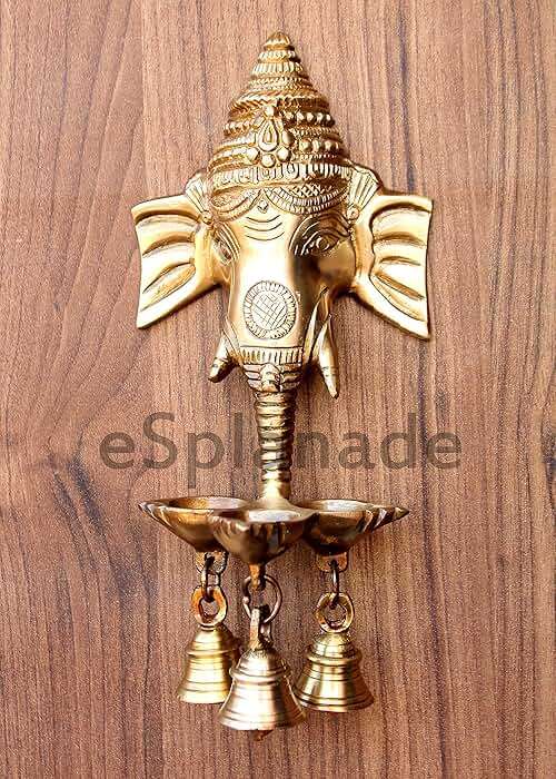 eSplanade - 9.5" Brass Ganesha Ganesh Ganpati Wall Hanging Deepak With Bells | Brass Diya | - Image 4