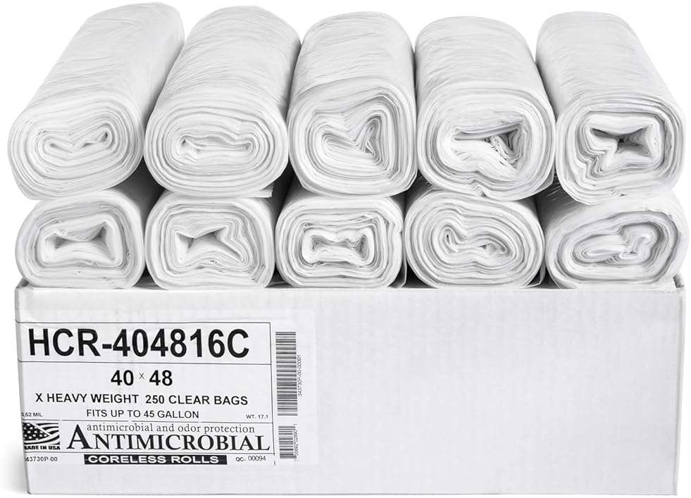 Aluf Plastics 45 Gallon Clear Trash Bags 40" x 48" - 16 Micron Equivalent High Density Value Garbage Bags, HCR-404816C (Pack of 1, 250 Count Total) - Image 1