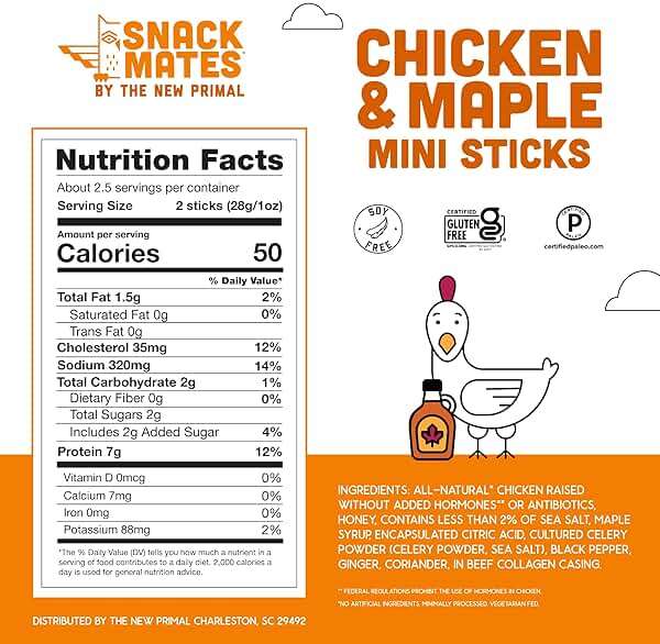 The New Primal Snack Mates Chicken & Maple Sticks, Gluten Free Healthy Snacks for Kids, Low Sugar High Protein Back to School Snacks, Mini Paleo Jerky Meat Stick, 7g Protein, 50 Calories, 40 Pack - Image 2