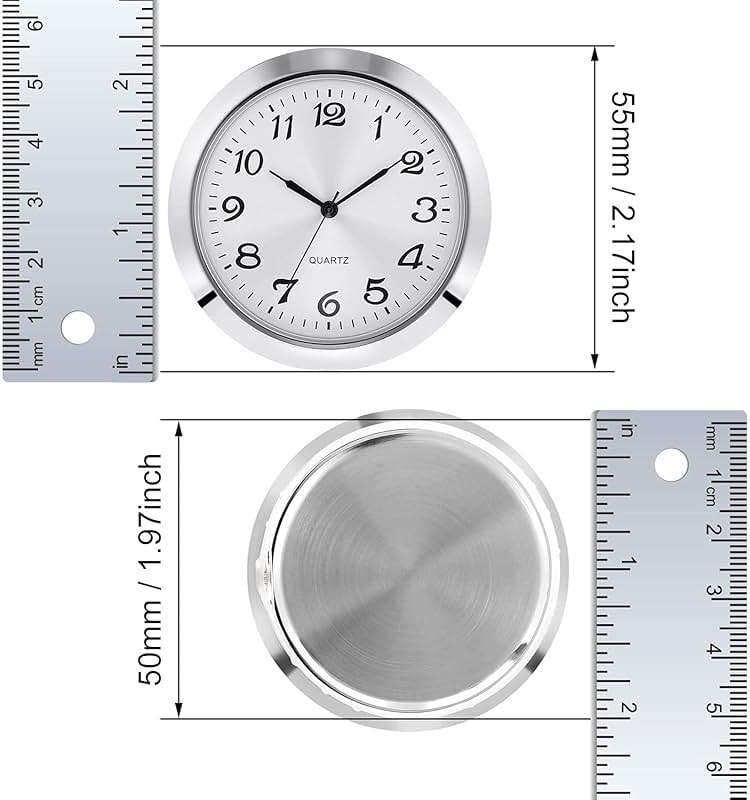 2-1/8 Inch (55 mm) Quartz Clock Insert, Zinc-Alloy Metal Case, Arabic Numeral, White Face (Silver) - Image 3