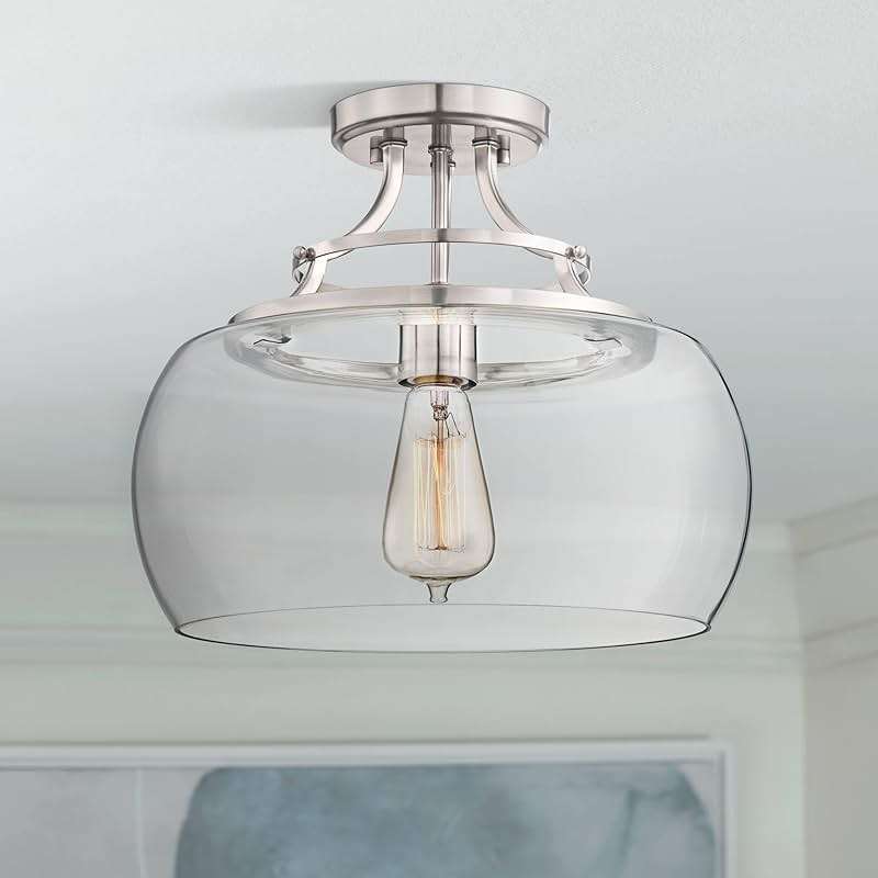 Franklin Iron Works Charleston Industrial Rustic Farmhouse Ceiling Light Semi Flush-Mount Fixture 13 1/2" Wide Brushed Nickel LED Clear Glass Shade for Bedroom Kitchen Living Room Hallway Dining - Image 1
