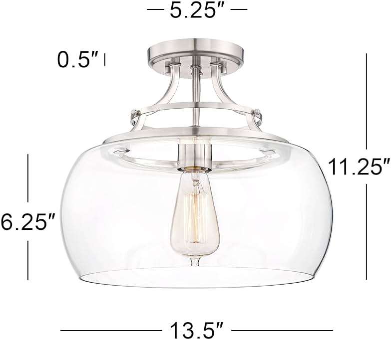 Franklin Iron Works Charleston Industrial Rustic Farmhouse Ceiling Light Semi Flush-Mount Fixture 13 1/2" Wide Brushed Nickel LED Clear Glass Shade for Bedroom Kitchen Living Room Hallway Dining - Image 4