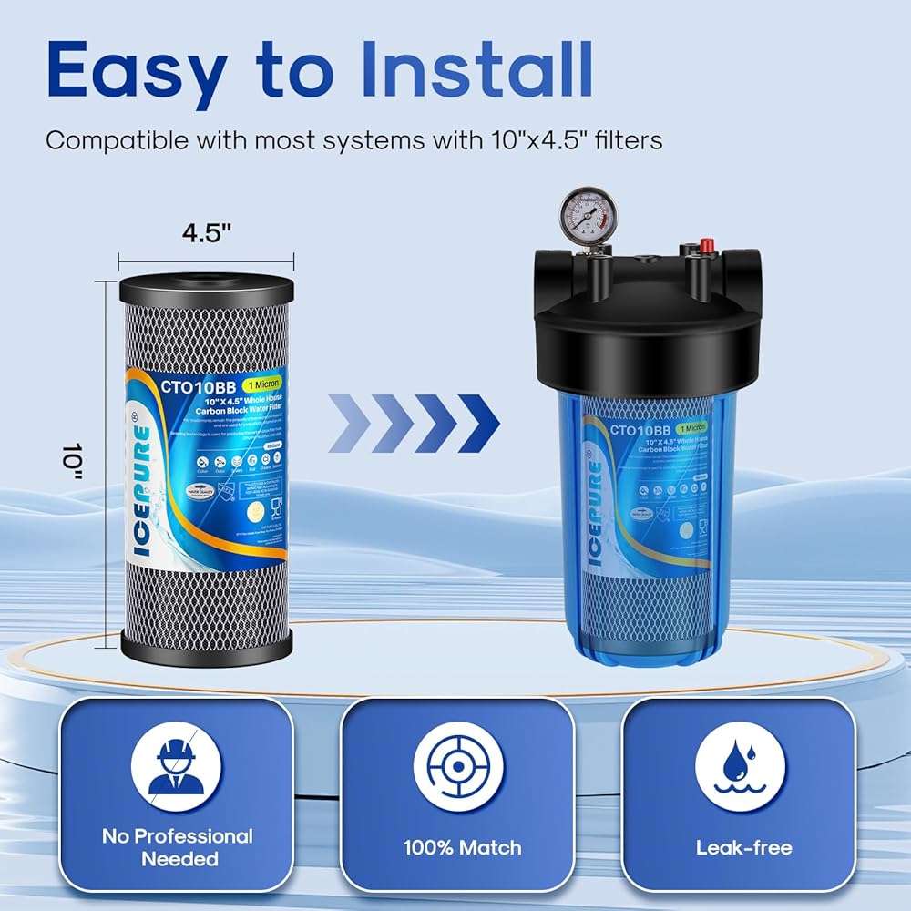 ICEPURE 10"X4.5",1 Microns Whole House Sediment Activated Carbon Water Filter Compatible with Dupont WFHDC8001,EP Series,EPM Series,CB-BB-10, GE FXHTC, GXWH40L, GXWH35F, GNWH38S, CTO10BB,1PACK - Image 2