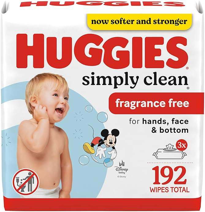 Huggies Simply Clean Unscented Baby Diaper Wipes, 3 Flip-Top Packs (192 Wipes Total), Packaging May Vary - Image 1