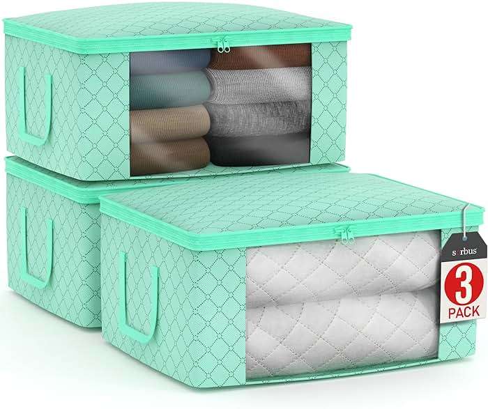 Sorbus Medium Clothes Storage Bags - Foldable Blanket Storage Bins for Organizing Bedroom, Closet, Clothing, Comforter, Organization with Clear Window, Lids and Carry Handles - Set of 3 - Image 1