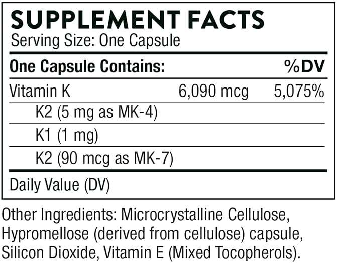 THORNE - Vitamin K - Vitamins K1 and K2 (as MK-4 and MK-7) Capsule Supplement - Supports Strong Bones* - Clinically Studied Ingredients - Third-Party Certified - Gluten, Dairy & Soy-Free - 60 Capsules - Image 2