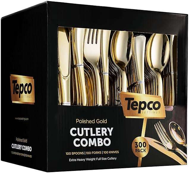 300 Gold Disposable Plastic Flatware Set - 100 Forks, 100 Spoons, 100 Knives - Heavy Duty Silverware for Party Bulk - Image 1