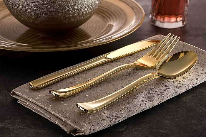 300 Gold Disposable Plastic Flatware Set - 100 Forks, 100 Spoons, 100 Knives - Heavy Duty Silverware for Party Bulk - Image 2