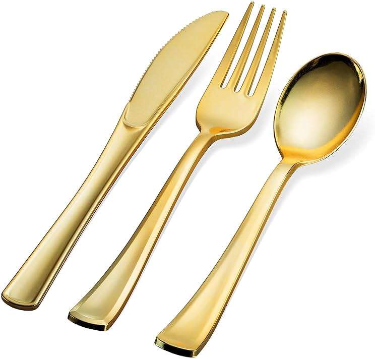 300 Gold Disposable Plastic Flatware Set - 100 Forks, 100 Spoons, 100 Knives - Heavy Duty Silverware for Party Bulk - Image 3