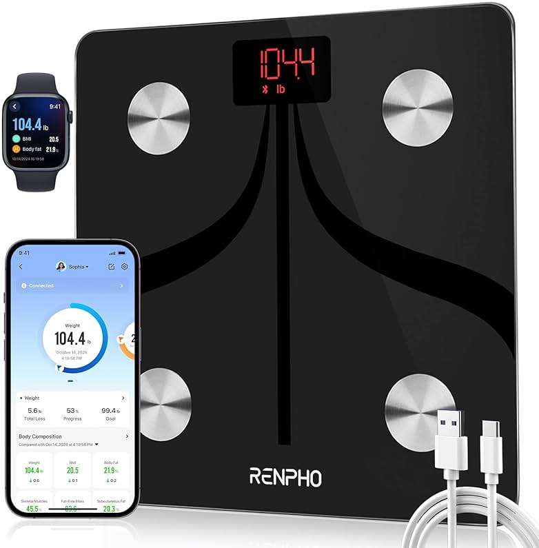 RENPHO Smart Scale for Body Weight, Type-C Rechargeable Digital Bathroom Scale, Electronic 13 Body Composition Monitor with Smartphone App, 400 lbs, Black, Elis 1 (11 inch) - Image 1